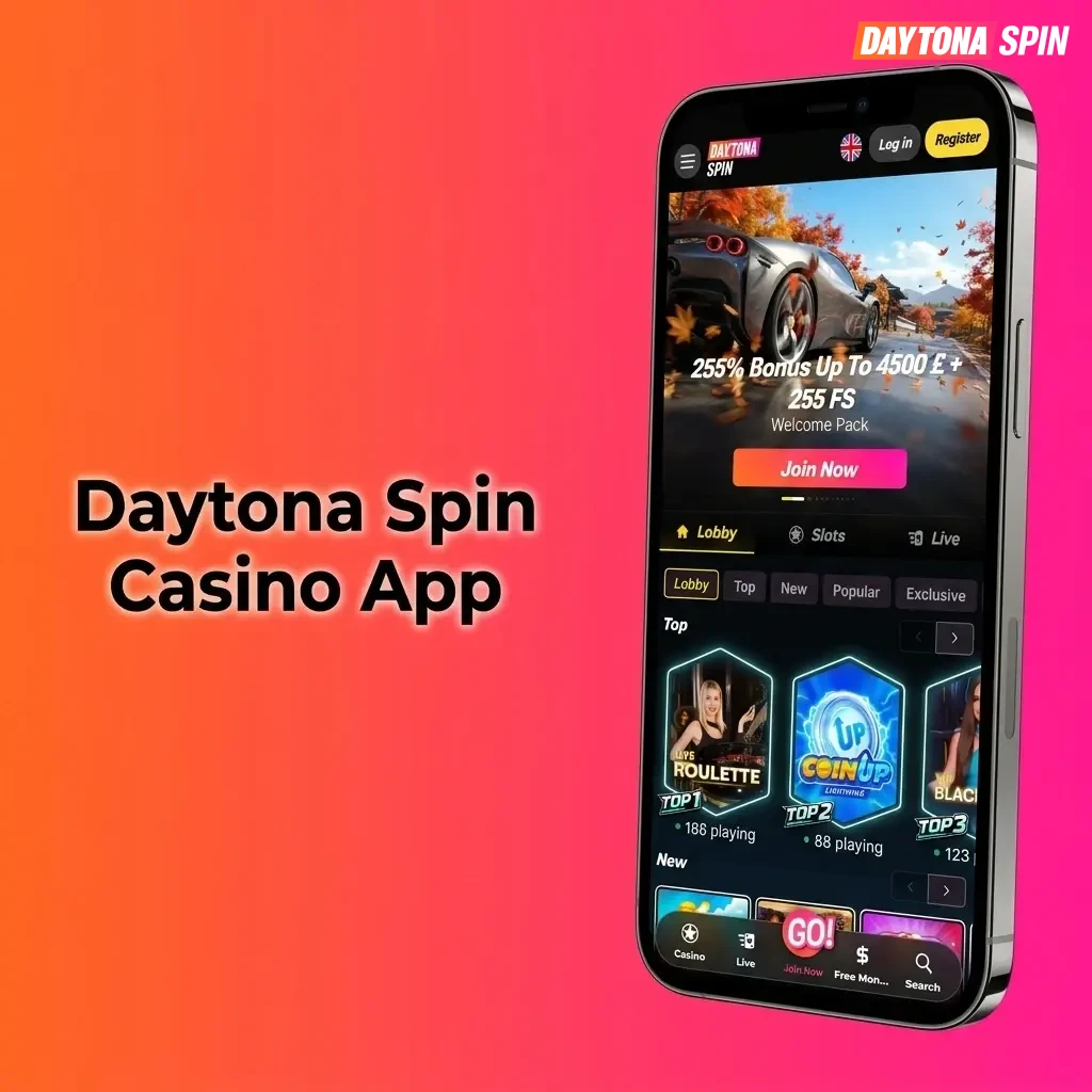 Daytona Spin casino app displaying 3,000+ games including slots, live casino, table games, jackpots and virtual sports for UK players