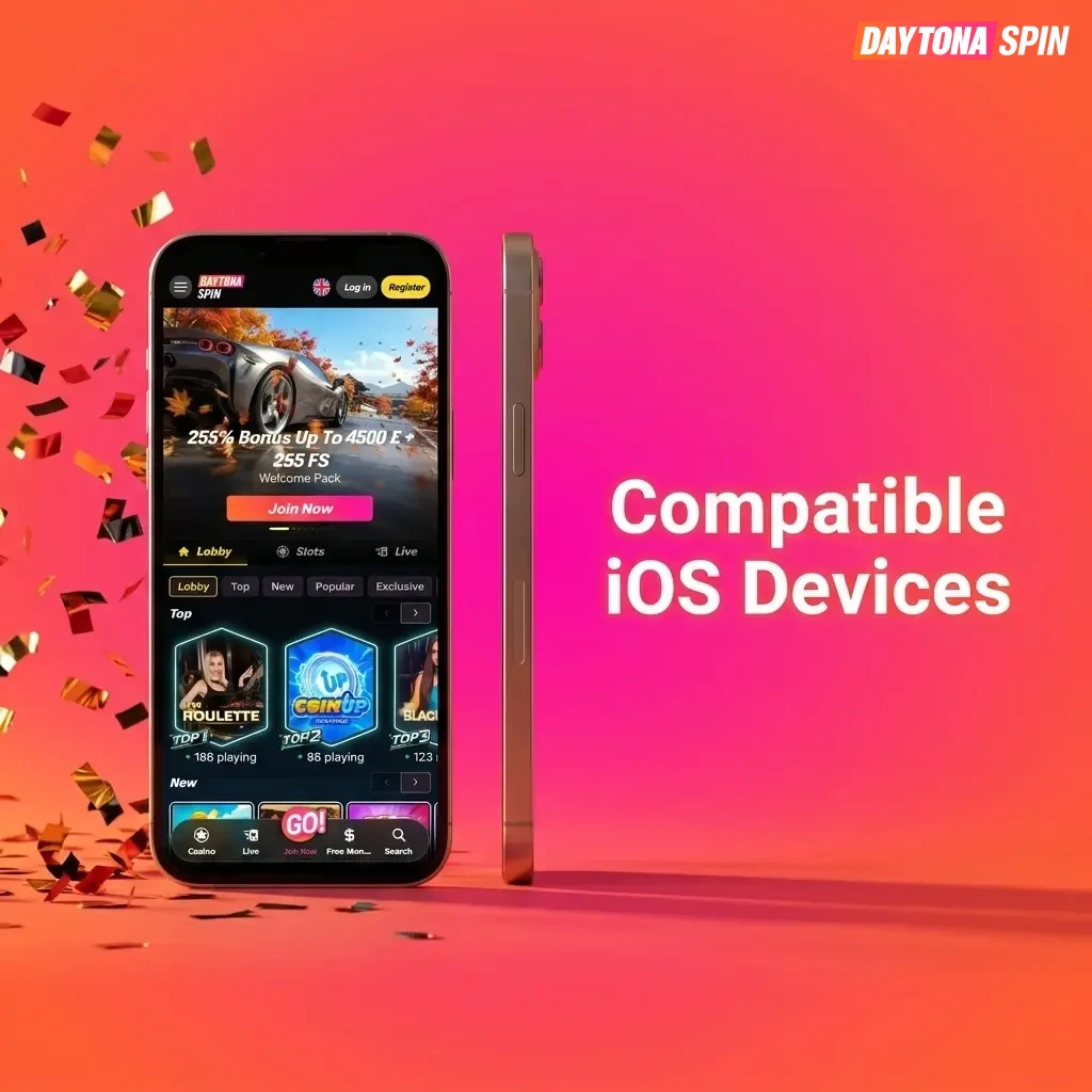 List of compatible iOS devices for Daytona Spin app including iPhone X to 15 series and iPad Air and Pro models