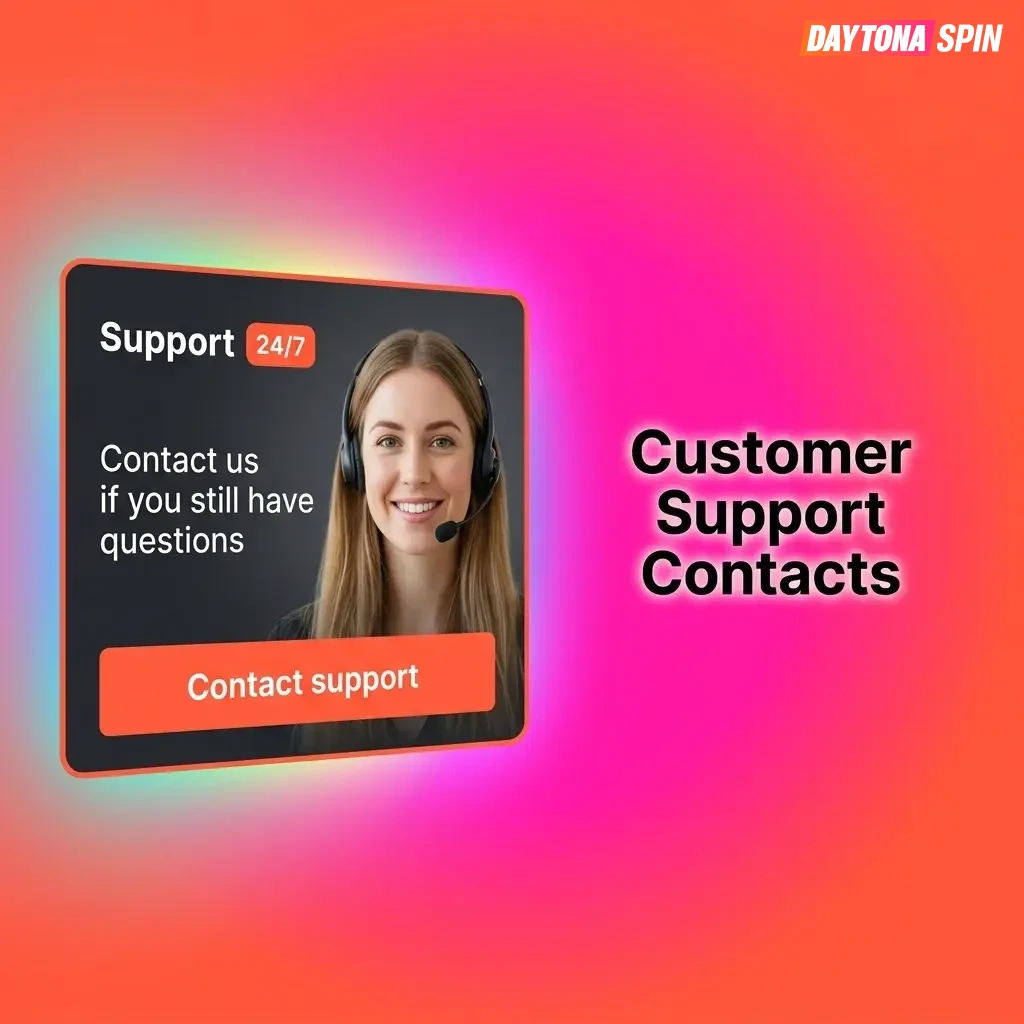 Daytona Spin customer support contacts showing live chat, email, and contact form options available 24/7