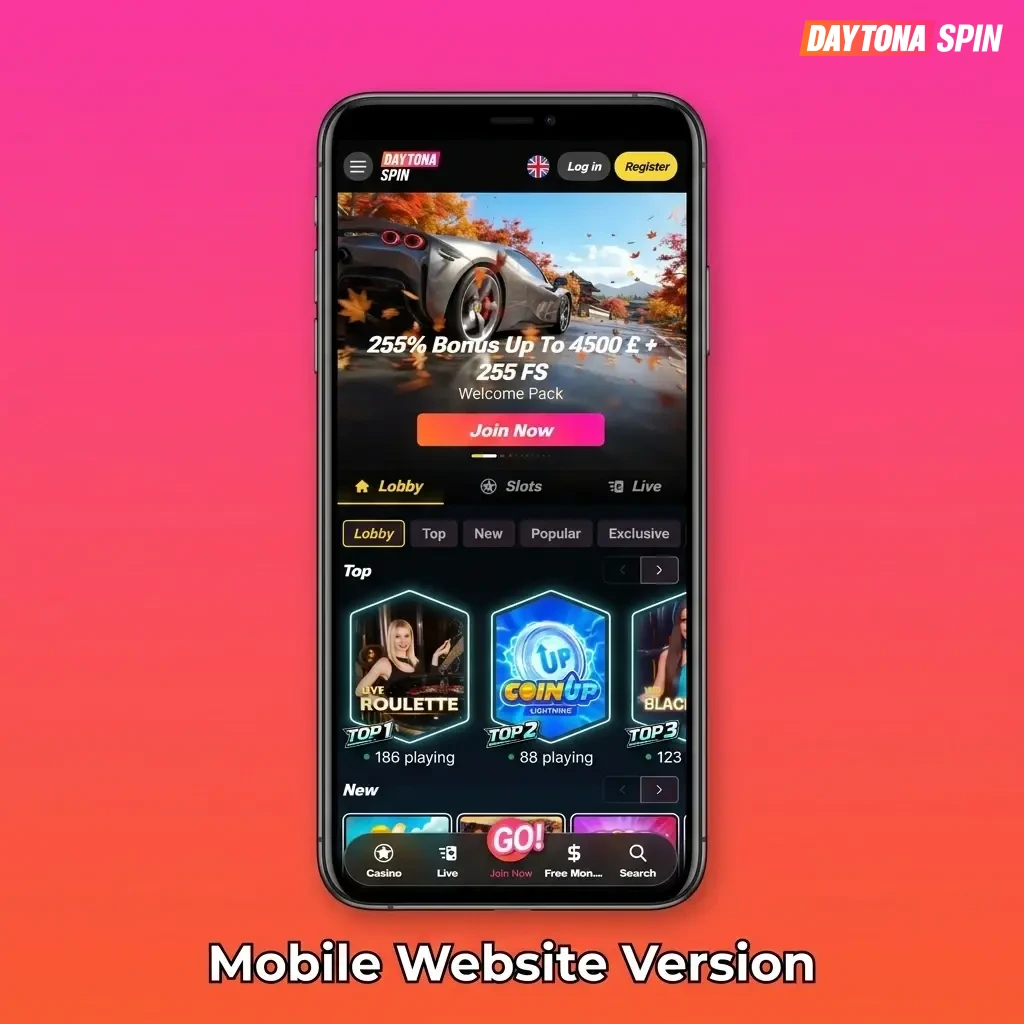 Daytona Spin mobile website running in a browser, showing sports betting and casino options with fast loading on any device