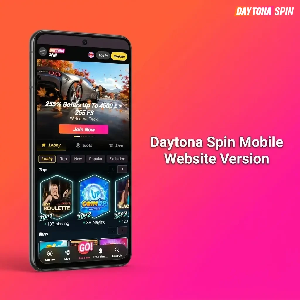 Daytona Spin mobile website on smartphone and tablet showing sports betting and casino games interface