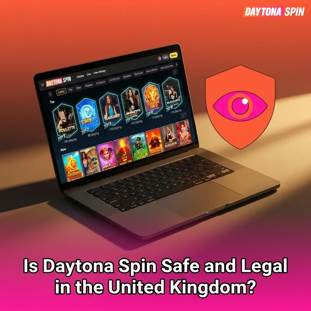 Daytona Spin casino site on screen showing SSL security and UK gambling licence compliance badge