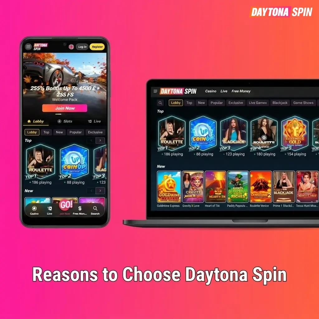 Daytona Spin platform showing sports betting, casino games, welcome bonus and payment options for UK players