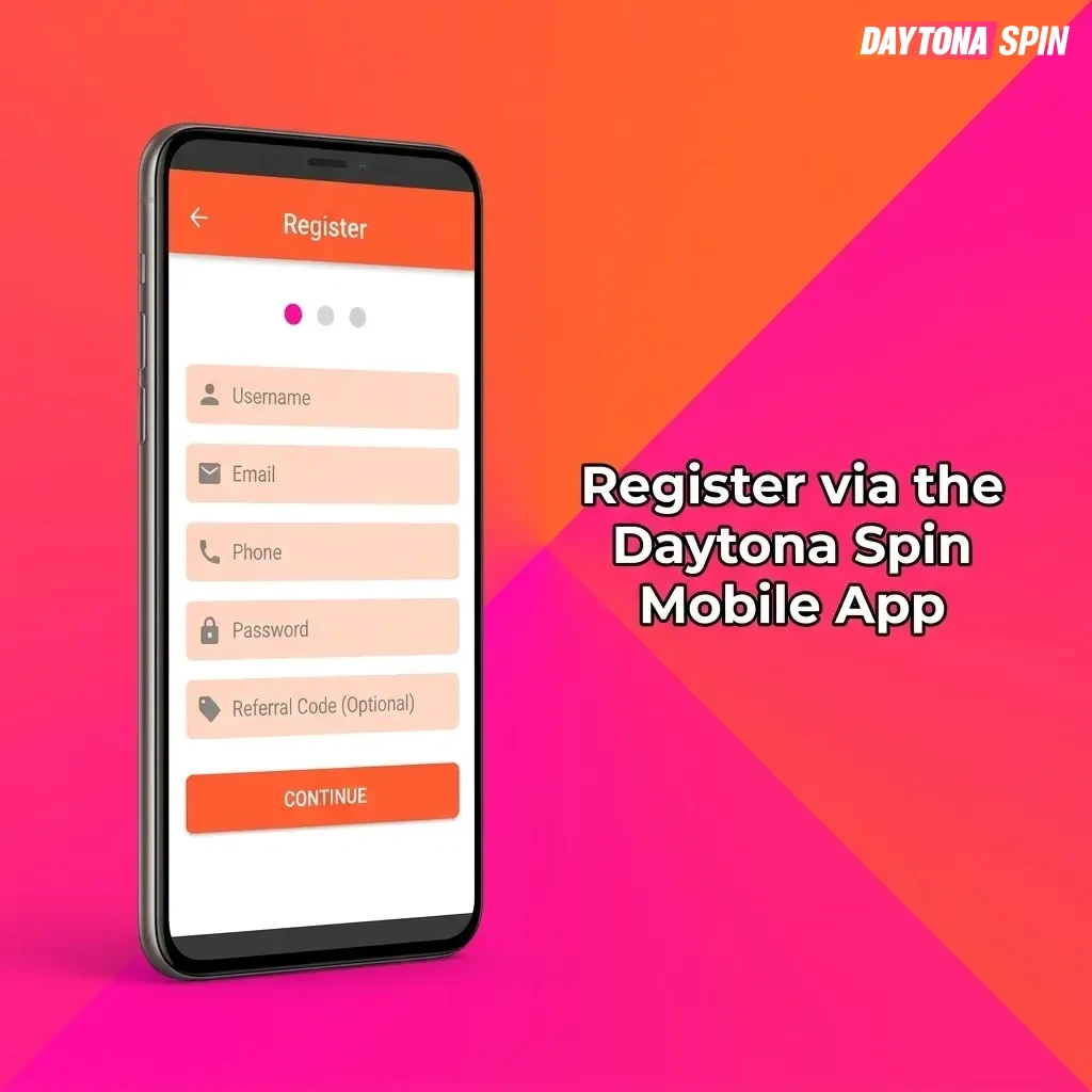 Daytona Spin mobile app registration screen on a smartphone with touch-optimised interface for account creation