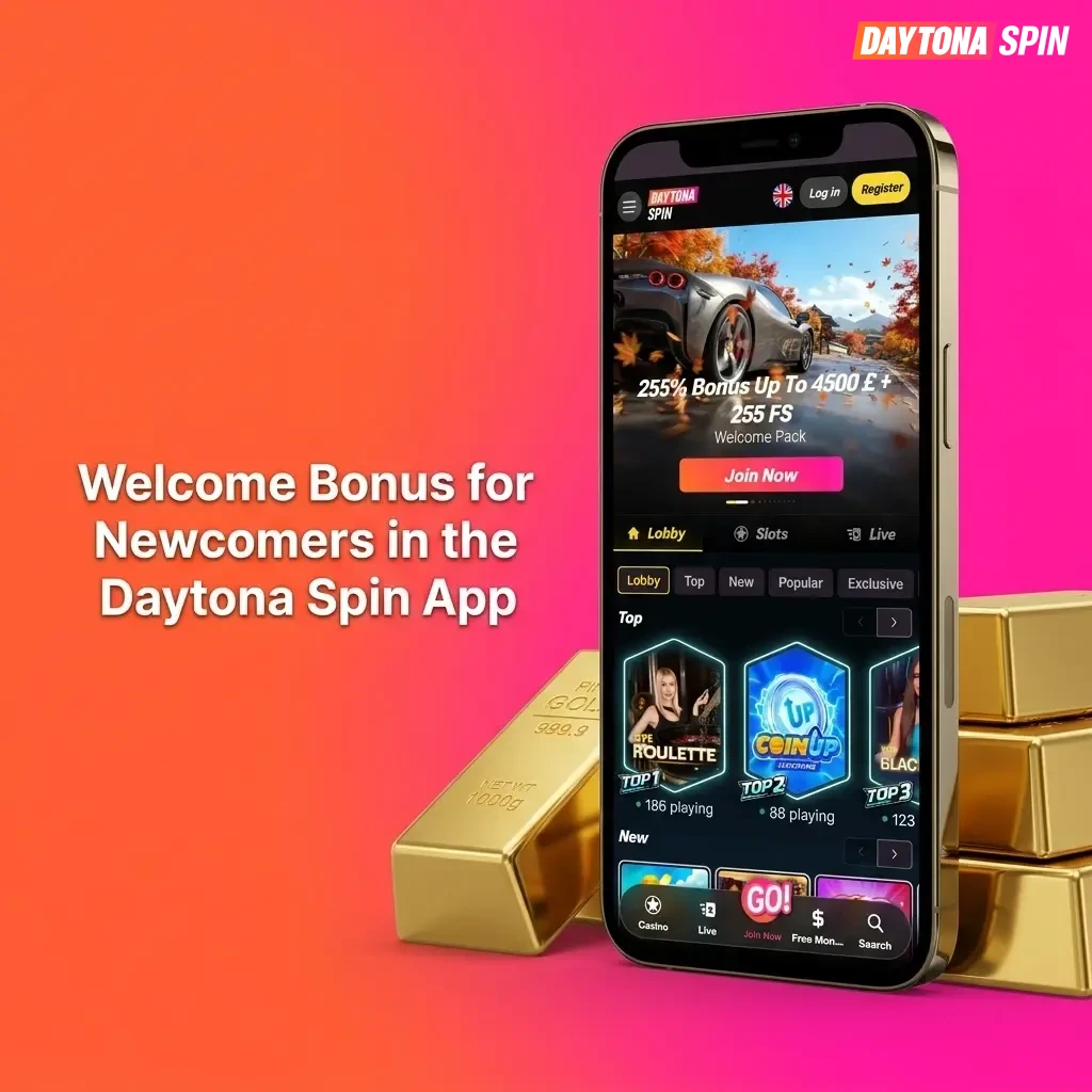 Daytona Spin app welcome bonus showing 255% up to £1,500 for sports or casino with 100 free spins