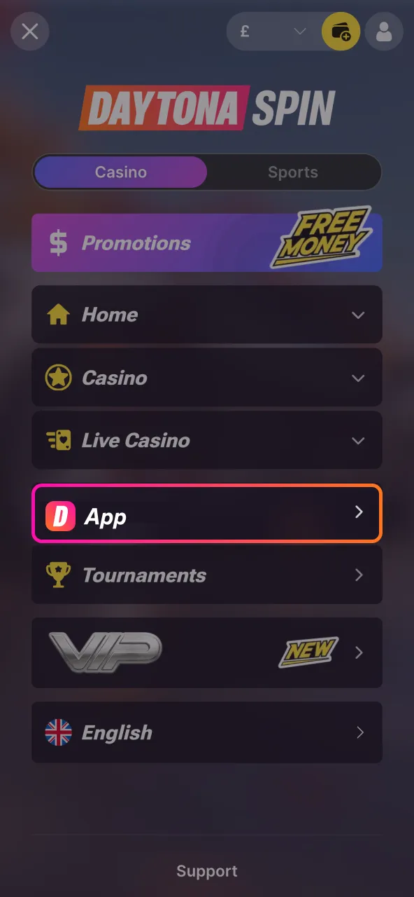 Visit Daytona Spin website to access the Android APK download area.