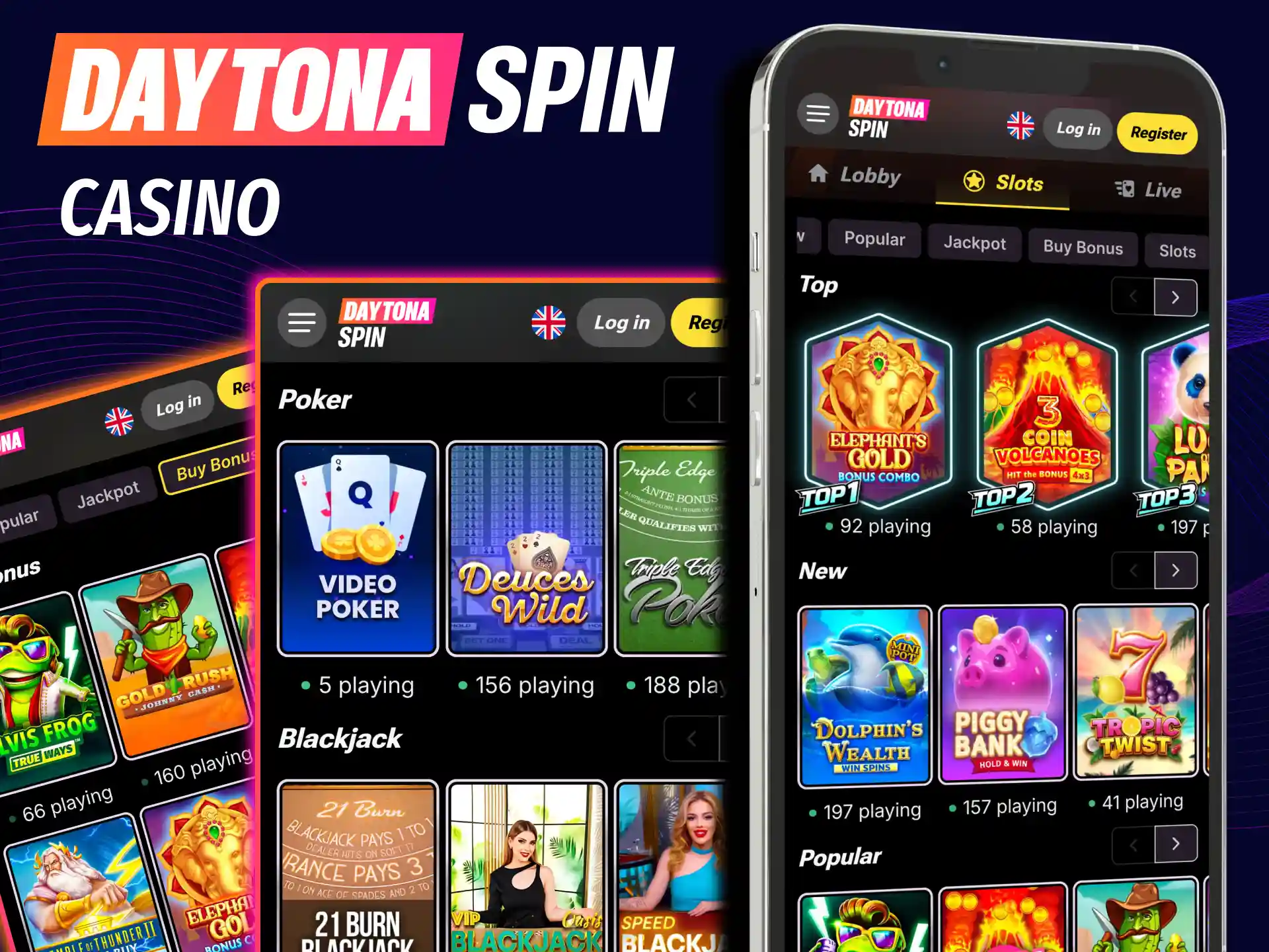 Daytona Spin offers huge slot library, live dealers and major jackpot titles.