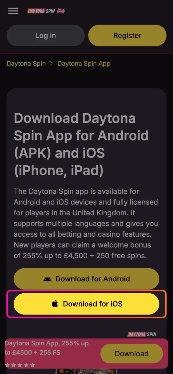 Tap Daytona Spin iOS download to reach the proper install page.