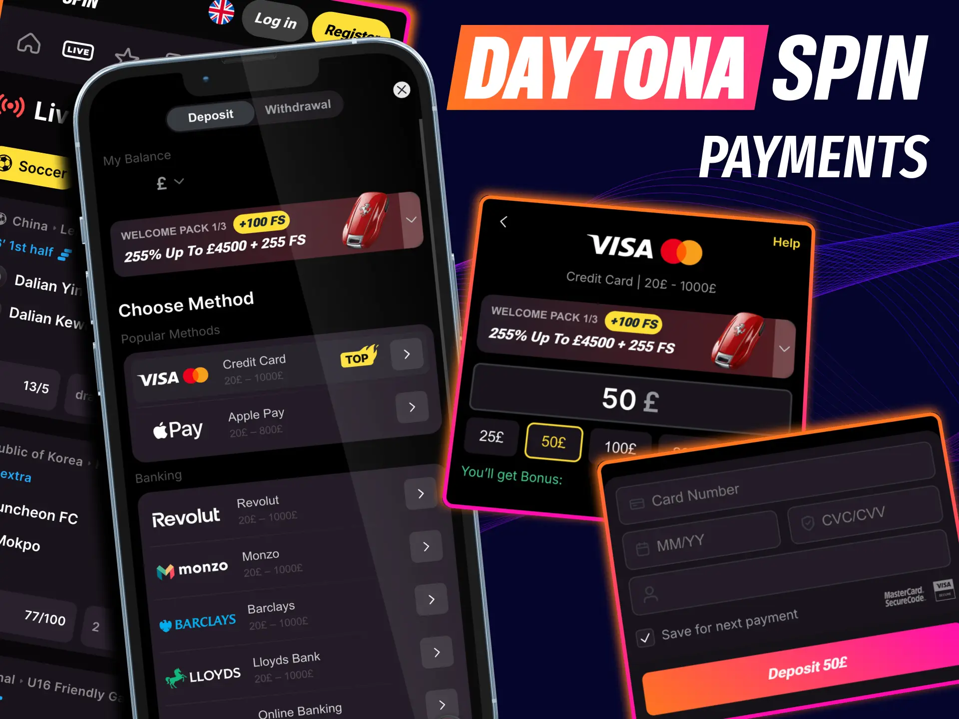 Daytona Spin payments include Barclays, Monzo, Visa, Revolut and crypto.