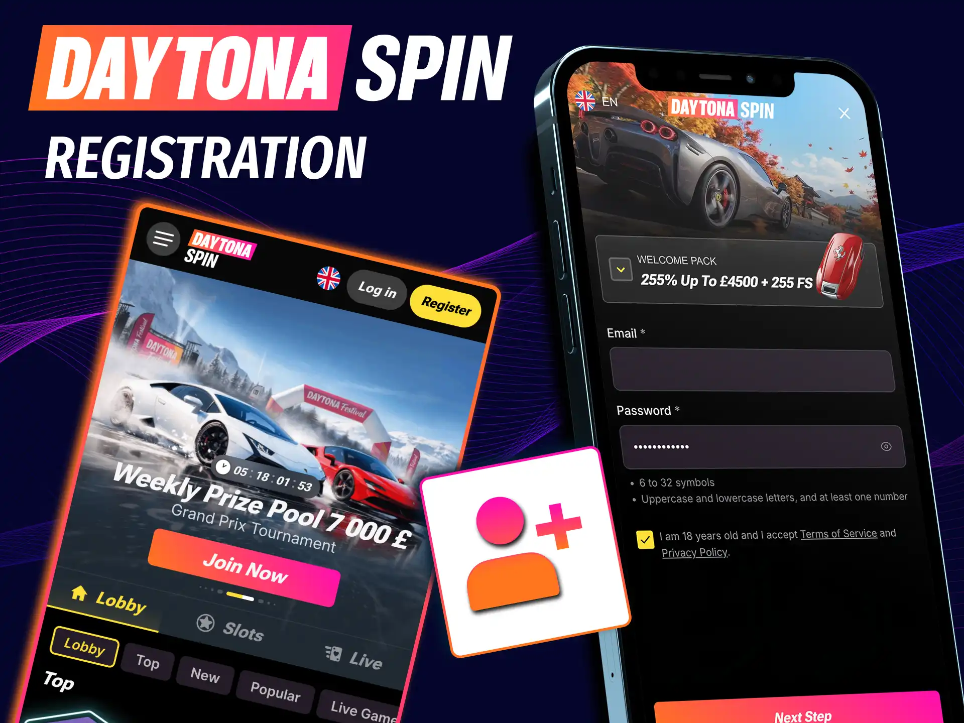 Daytona Spin app registration with UK details, age check and quick verification.