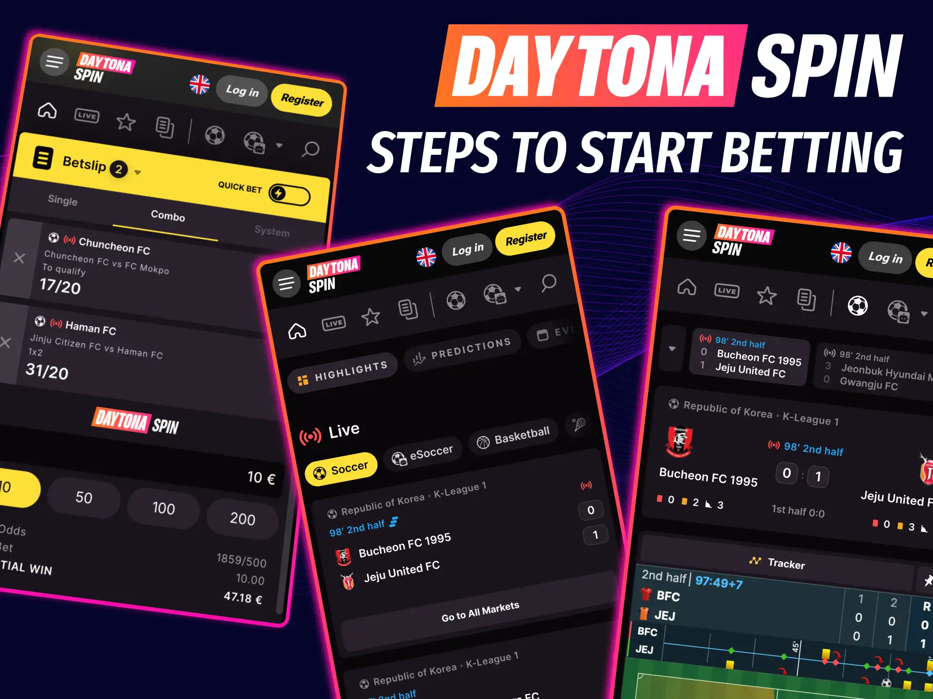 Select markets in Daytona Spin, add odds to slip and confirm stake.