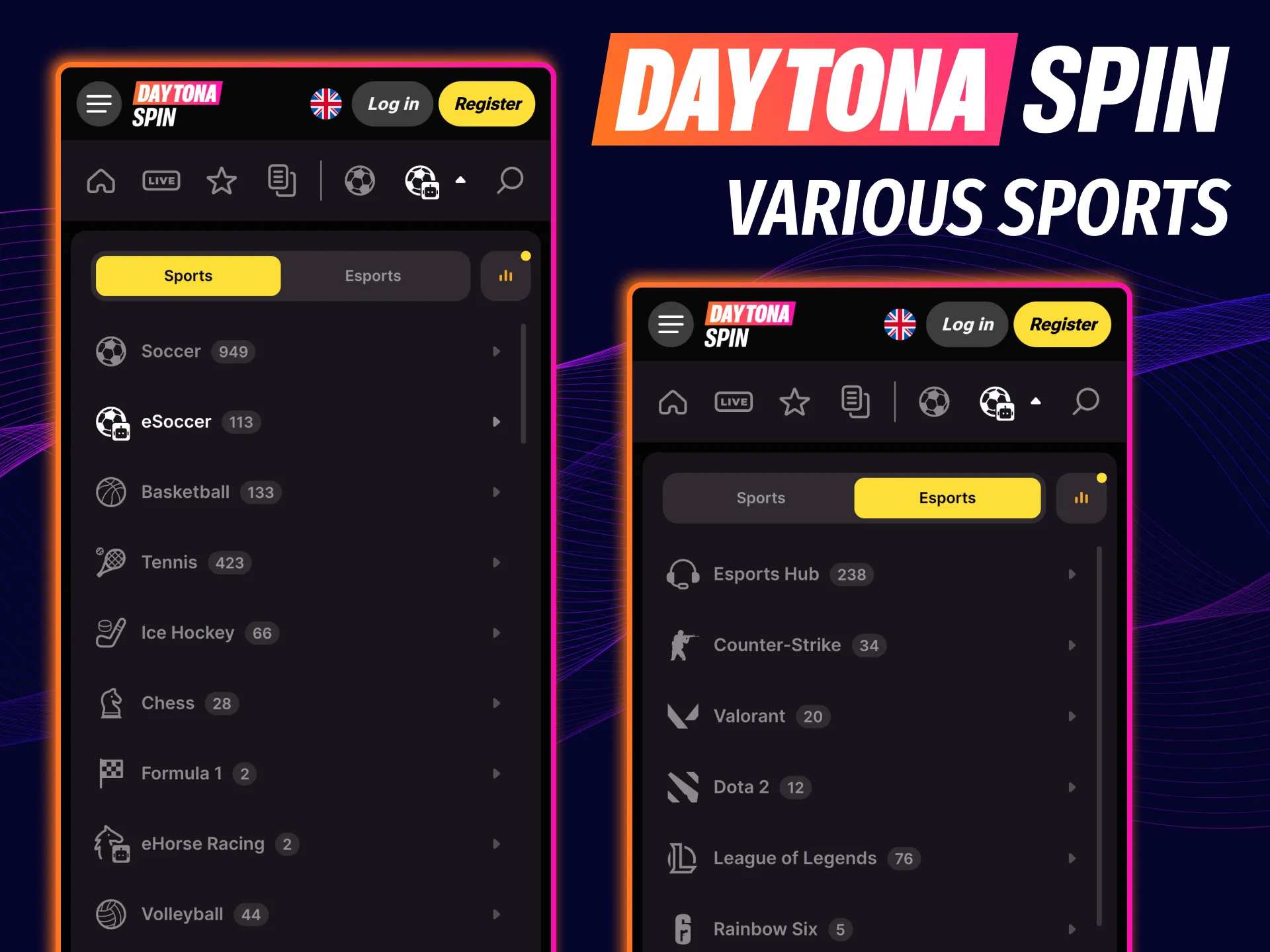 Wide Daytona Spin sports lineup including football, tennis, cricket and esports.