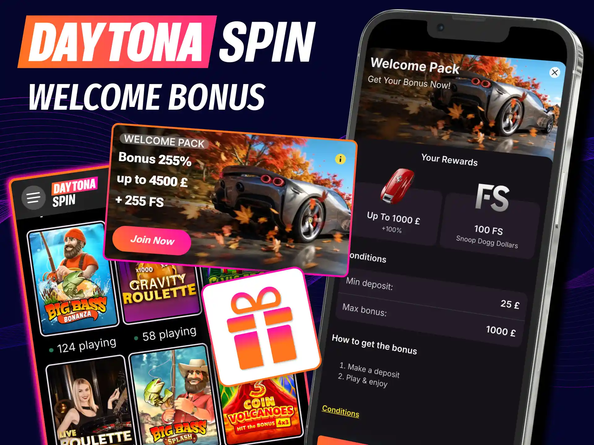 Daytona Spin registration unlocks sports or casino bonus with first deposit.