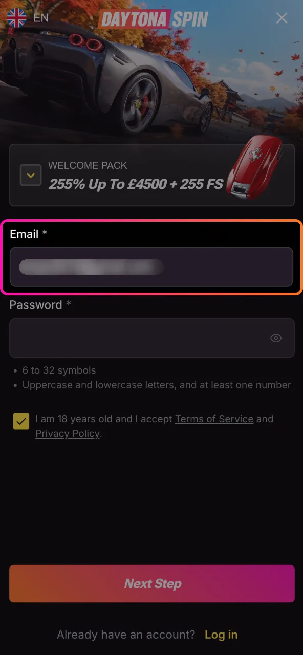 Enter your active email after choosing the Daytona Spin email method.