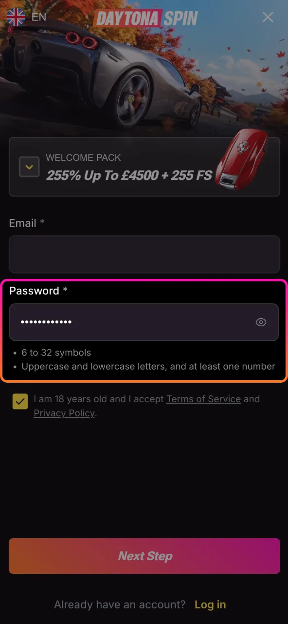 Set a secure Daytona Spin password using a strong, original combination.