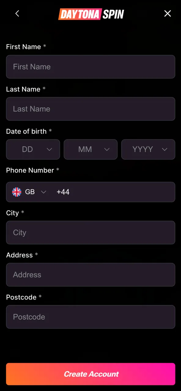 Daytona Spin form requires name, birthdate and country details.
